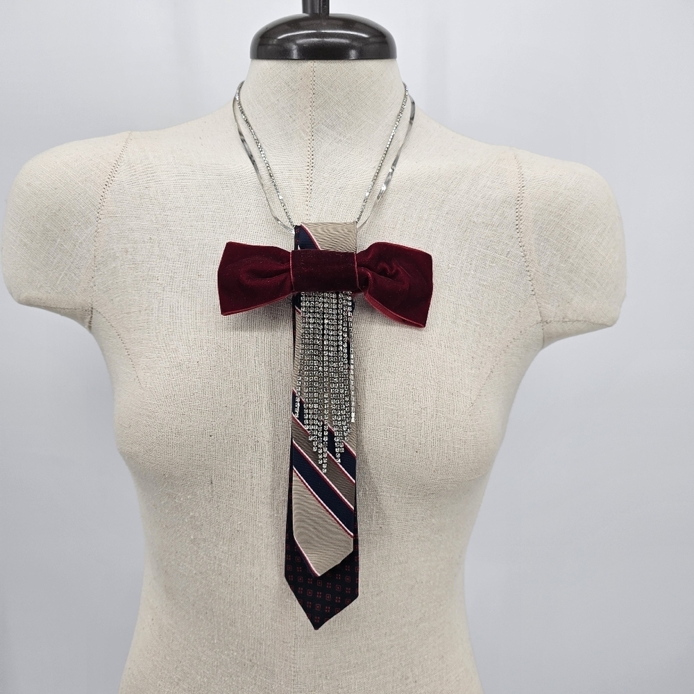 Upcycled Holiday Velvet Stripe Rhinestone Necktie Necklace